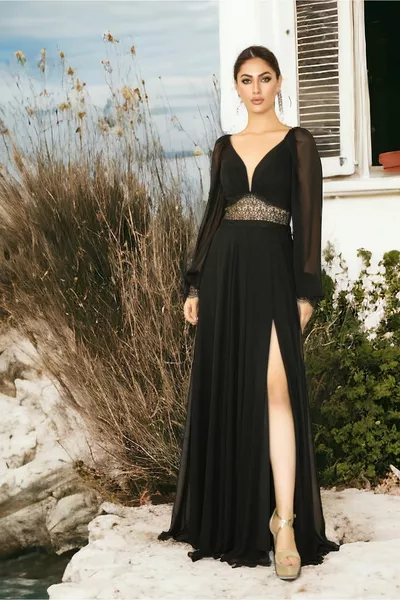 أسود الشيفون الخطوبة وعد مساء اللباس واللباس في الهواء الطلق مع مزيج الدانتيل الأكمام الطويلة