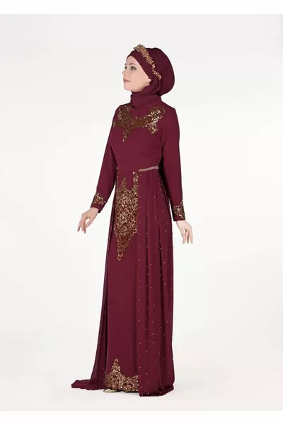 Abito da sera dettagliato in chiffon perla in vita bordeaux donna 