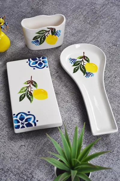 3’lü Mutfak Seti Limon Desen Kaşıklık Kaşık Altlığı Süngerlik Yağdanlık Altı
