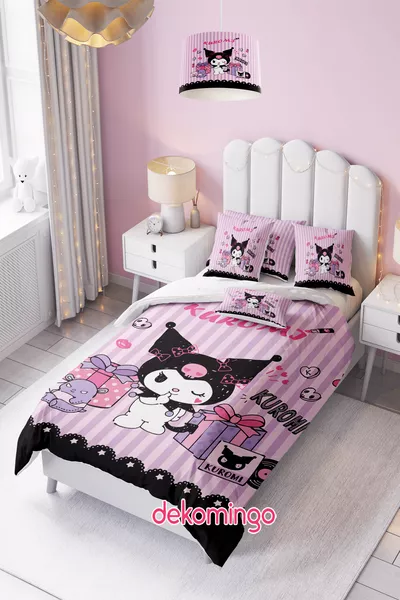 Black and Pink Striped Kuromi Baby and Kid Bedroom Duvet Cover Set (Without Sheet)