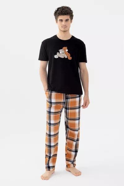 Herren Kurzarm Pyjama-Set aus Baumwolle mit Karomuster und Bärenmotiv