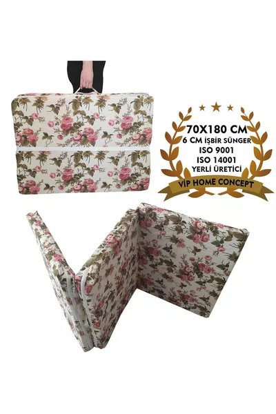 Единично сгъваемо подложно легло, дунапренов матрак, сгъваемо легло -6 см, с десен роза