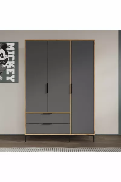 Aden Armadio Antracite Completo con 3 Ante e Cassetti, Guardaabiti, Armadio con Ripiani