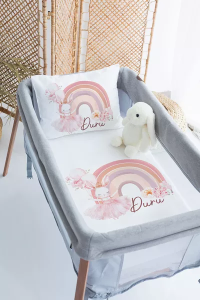 % Cotton Satin Personalized  Crib Bed Duvet Cover Set with Name Rabbit