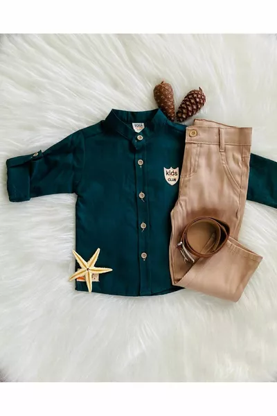 Hakim Yaka Keten Gömlek ve Kemerli Pantolon Erkek Çocuk Takım