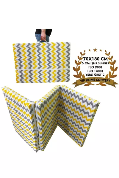 Единично сгъваемо подматрачно легло с пяна, жълто-сиво зигзагообразно,  см, 6 см