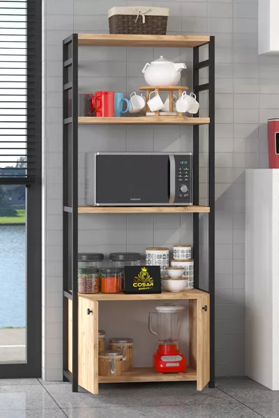 Support de Cuisine Décoratif Polyvalent 2 Portes 4 Étagères Coin Café Étagère de Cuisine