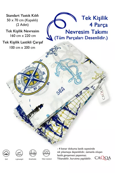 Parure de lit 4 pièces pour une personne avec drap-housse Marin | Enfant | Jeune