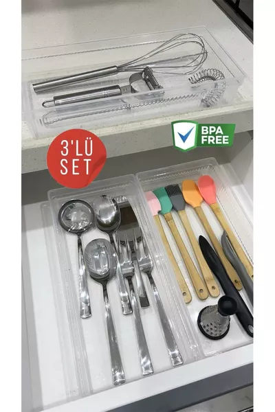 3 броя Bade XL органайзер за чекмедже за ножове и лъжици - кутия за подреждане на черпак и шпатула