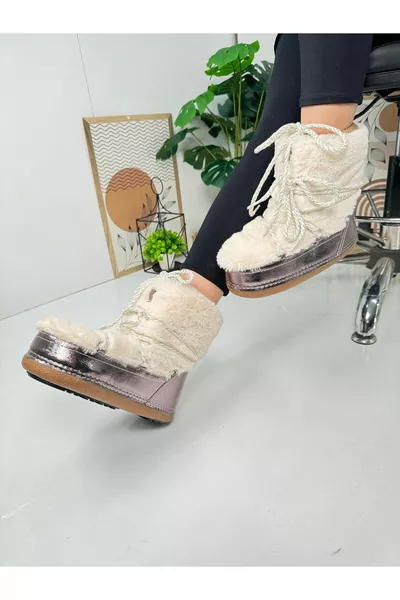 عارضة المرأة البيج أحذية الثلج الفراء الدانتيل المتابعة الأم ابنة مريحة اصطف نعل سميك 