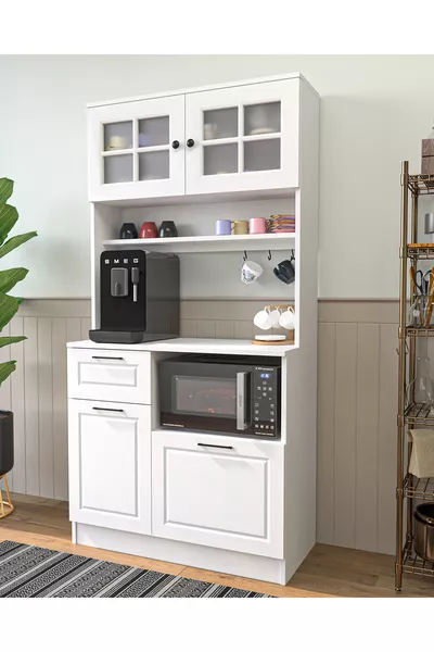 Многофункциональный шкаф с застеклёнными дверцами для кофе, МАТОВО-БЕЛЫЙ