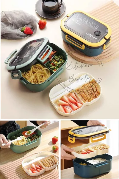 ml 2-stufige Lunchbox mit 6 Fächern, Aufbewahrungsbehälter mit Besteck, auslaufsicher