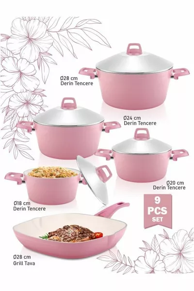 Pembe Seramik Yanmaz Yapışmaz Tencere Çeyiz Seti 9 Parça 5'li