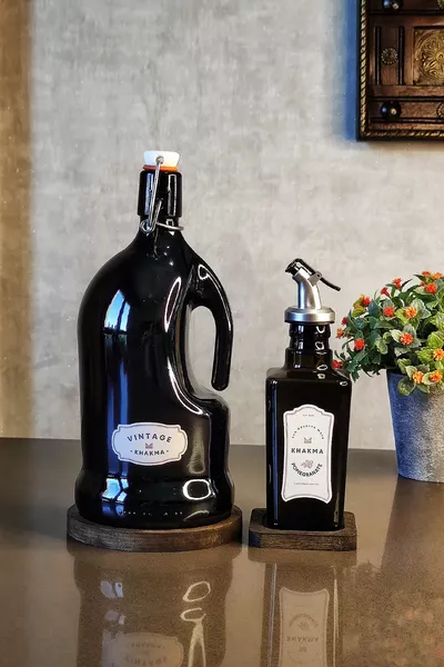 Set de 2 bouteilles d'huile d'olive italienne avec support en bois, noir, pour huile et vinaigre