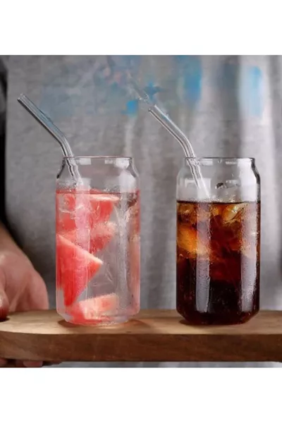Set of 2 Borosilicate Glass Cups with Glass Straws in the Shape of a Cola Can, for Serving Milk and Fruit Juice (Set of 4)