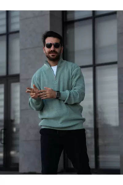 Maglione da uomo in tricot a mezza zip stile salentino, colore menta