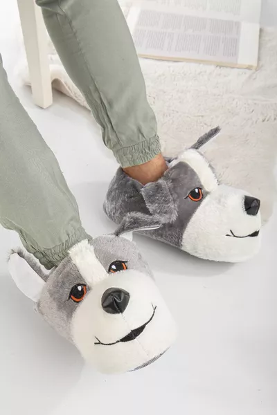 Hommes gris Casual Chien Figuré Silencieux Semelle En Peluche Maison Bottes Antidérapant Hiver Lumière Mignon Panduf