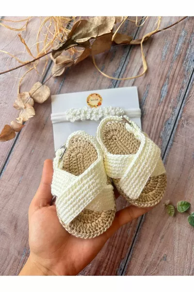 Вязаные белые босоножки для девочек ручной работы с белым крестообразным ремешком Ботильоны и бандана