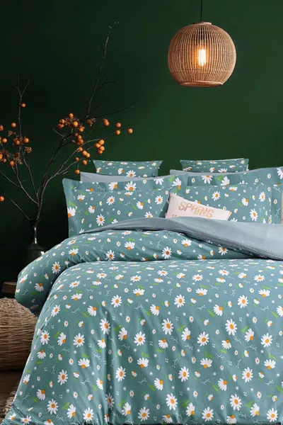 Duvet Cover Set with Fitted Sheet Double Size DAISY PETROL