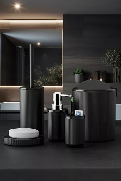 Комплект луксозни бани от 5 части - декоративна кръгла практична кошче за боклук, държач за четки за зъби, сапунерка, комплект четки