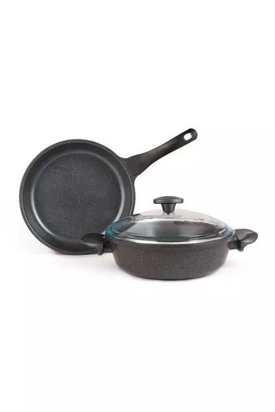 Ensemble de 3 casseroles et poêle en granit - Gris -  cm