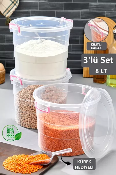 Комплект от 3 мегадози брашно - 8 л с капак с ключалка за съхранение на чай, захар, бобови и хранителни продукти, прозрачен съд за съхранение