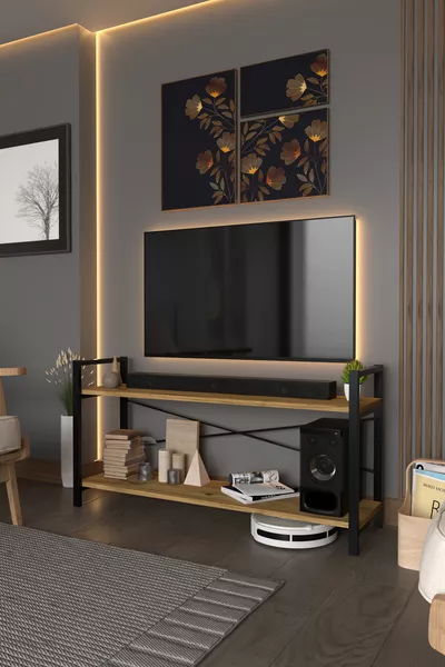 طاولة تلفاز بوحدات معدنية ورفوف، وحدة تلفاز بلون الجوز