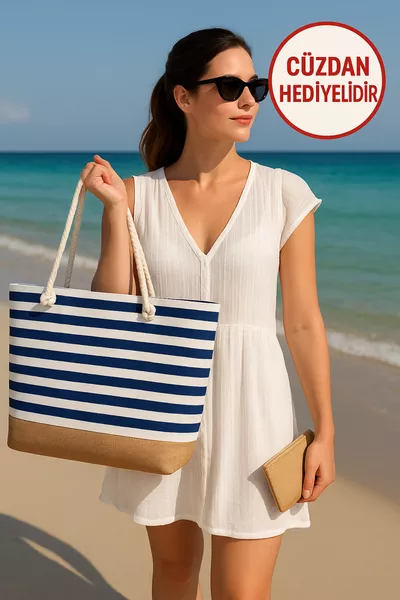 Kadın Plaj Hasır Çanta Jüt Kumaş Piknik Çantası El Ve Omuz Çanta ( Cüzdan Hediyeli )