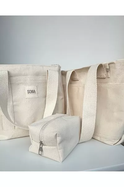 مجموعة سوا كوليكشن المكونة من 3 قطع حقيبة يد وكتف نسائية من القماش مع إغلاق بزر، حقيبة مكياج
