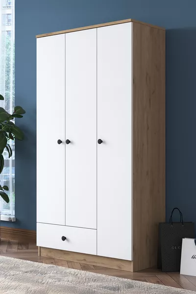 Armadio Rani , 3 ante, 1 cassetto, 6 ripiani, 1 appendiabiti, cestino, noce - bianco