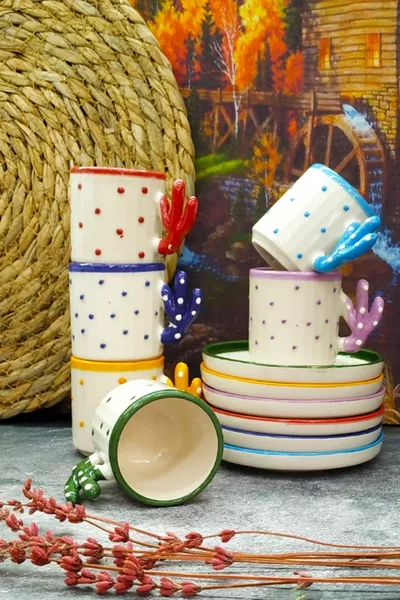 Комплект керамични чаши за турско кафе Kaktüs за 6 души,  мл - ръчно изработени - произведени в Кютахя