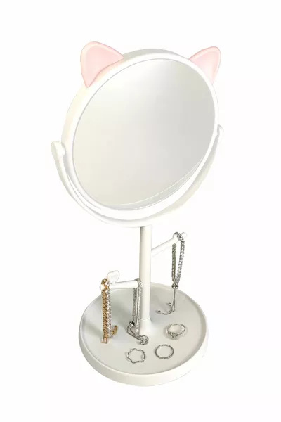 Голяма Бяла Котка Дизайн Пластична Стойка за Бижута с Огледало за Маса by