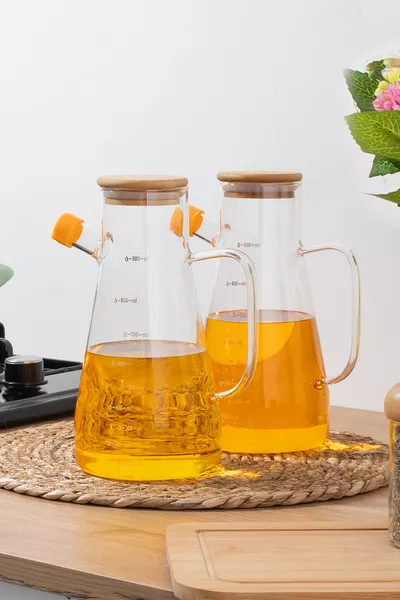 Бутилка за зехтин и олио 2 в 1 - Боросиликатно стъкло с вакуумен бамбуков капак, за масло и сос