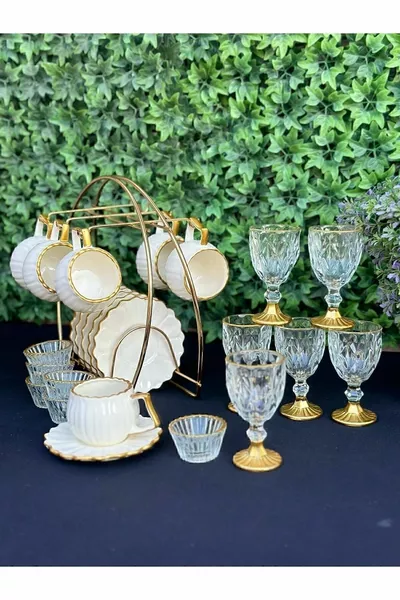 Set de service café  pièces avec anse dorée et motif marguerite, design élégant et raffiné, set complémentaire