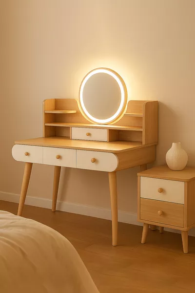 مرآة عالية الجودة من الدرجة الأولى (% MDF) بإضاءة LED أورا، طاولة مكياج حديثة، طاولة حمام (بلوط)