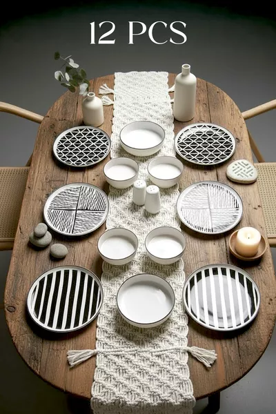 Комплект за закуска за 6 души,  части, черно-бял, стекващ се - Луксозен сервиз за закуска