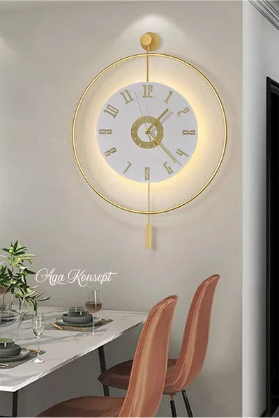 LED златен Izmir с  кристала (Голям размер  x  см), модерен декоративен метален стенен часовник с махало
