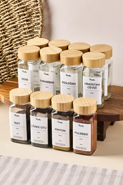 Raul Bamboo  ml -delige kruidenpotjes set met glazen vierkante vorm, bamboedeksel en etiket