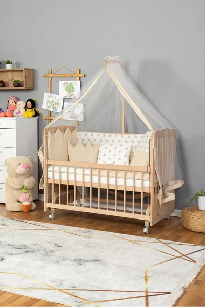 Culla in Legno Naturale Accanto alla Mamma Organica (SENZA VERNICE) - Set da Letto con Ricamo Crema (SENZA SCRITTA) con Ruote