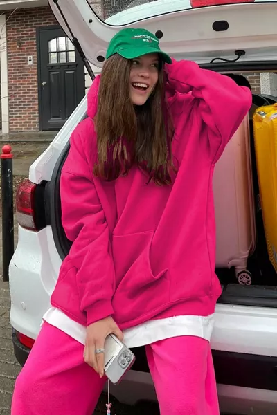 Fuchsia Hooded Fleece Oversized Sweatshirt 
