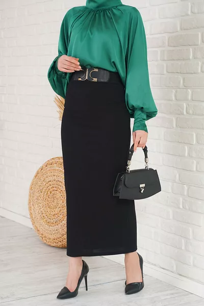 Black Pencil Skirt with Elastic Waist and Lycra