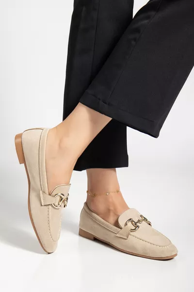 Women's Beige Ballerina Loafer Moccasin Suede Fabric Casual Shoes