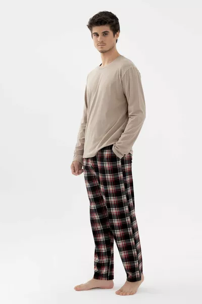 طقم بيجامة رجالي قطنية بأكمام طويلة أسود أساسي - بنقشة مربعات بيج مع تفاصيل جيب