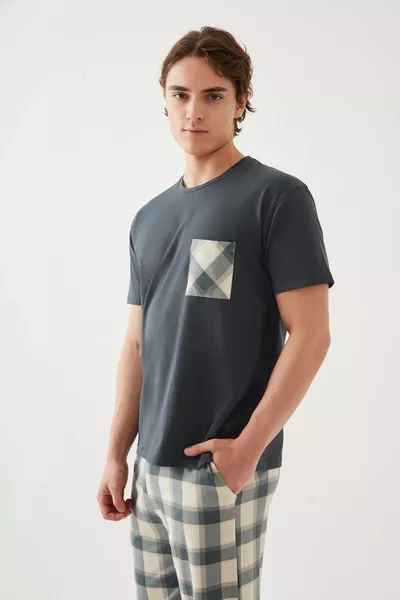 Herenkatoenen Top Grijs met Borstzak Korte Mouw Pyjama Set