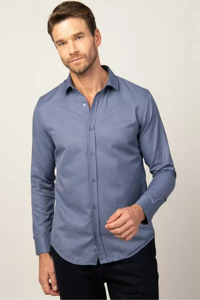 قميص رجالي أزرق بحجم نحيف حديث، بأكمام طويلة، من القطن، سهل الكي، بنقشة مبطنة