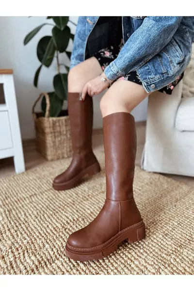 Kadın Daisy Kalın Taban Diz Altı Fermuarlı Rahat Kahverengi Taba Deri Çizme