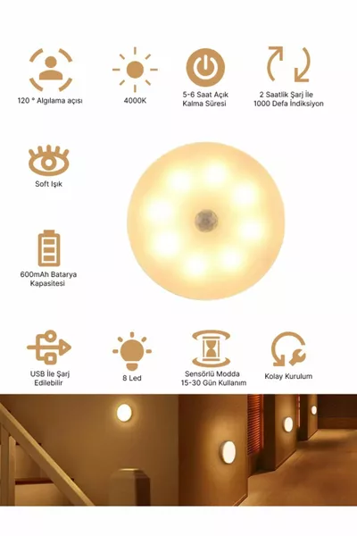 Датчик движения, 8 светодиодов, желтый дневной свет, лампа с USB-зарядкой, режимы Вкл/Авто/Выкл, для шкафа или коридора, 1 шт.