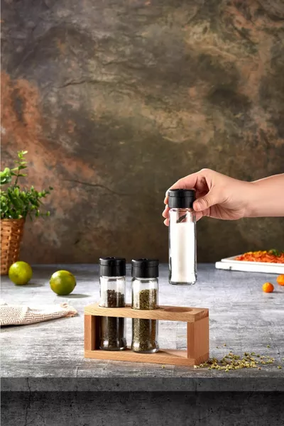 3-Piece Salt and Pepper Shaker Set with Wooden Stand | Glass Spice Jars | Kitchen Organizer