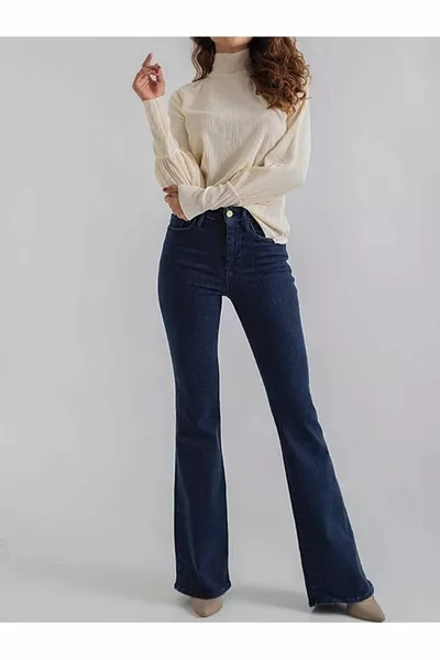 Spanish Leg Jeans Dark Blue Fade-Resistant Denim Pants Power Lycra High Waist