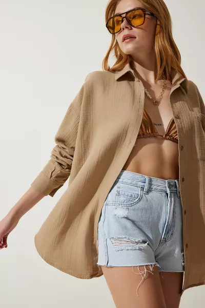 قميص نسائي بيج بجيب، واسع، من الموسلين 